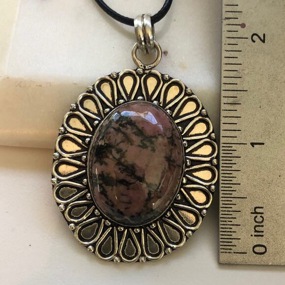 925 Sterling Large Rhodonite Oval Pendant - Picture 4 of 5